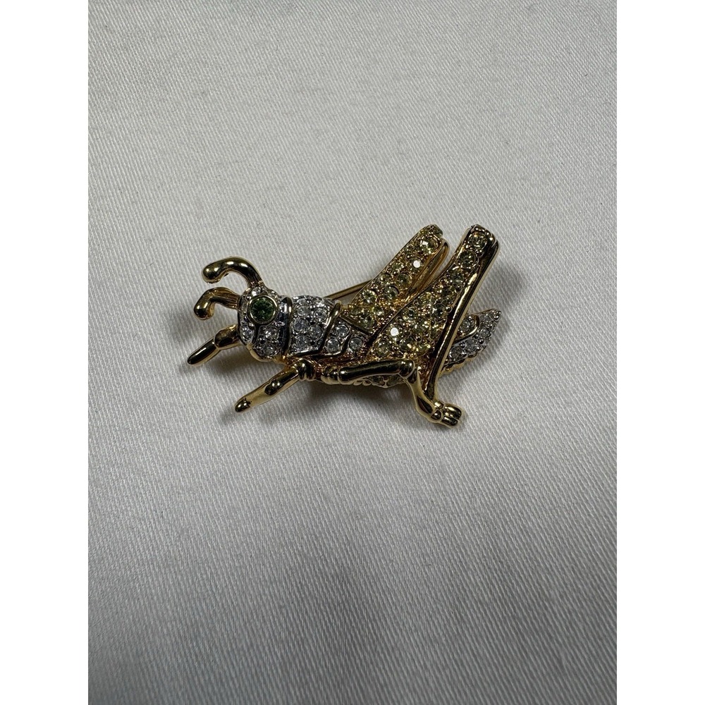 Signed Swarovski Pave Crystal Grasshopper Brooch Pin Retired Gold Tone Swan Mark